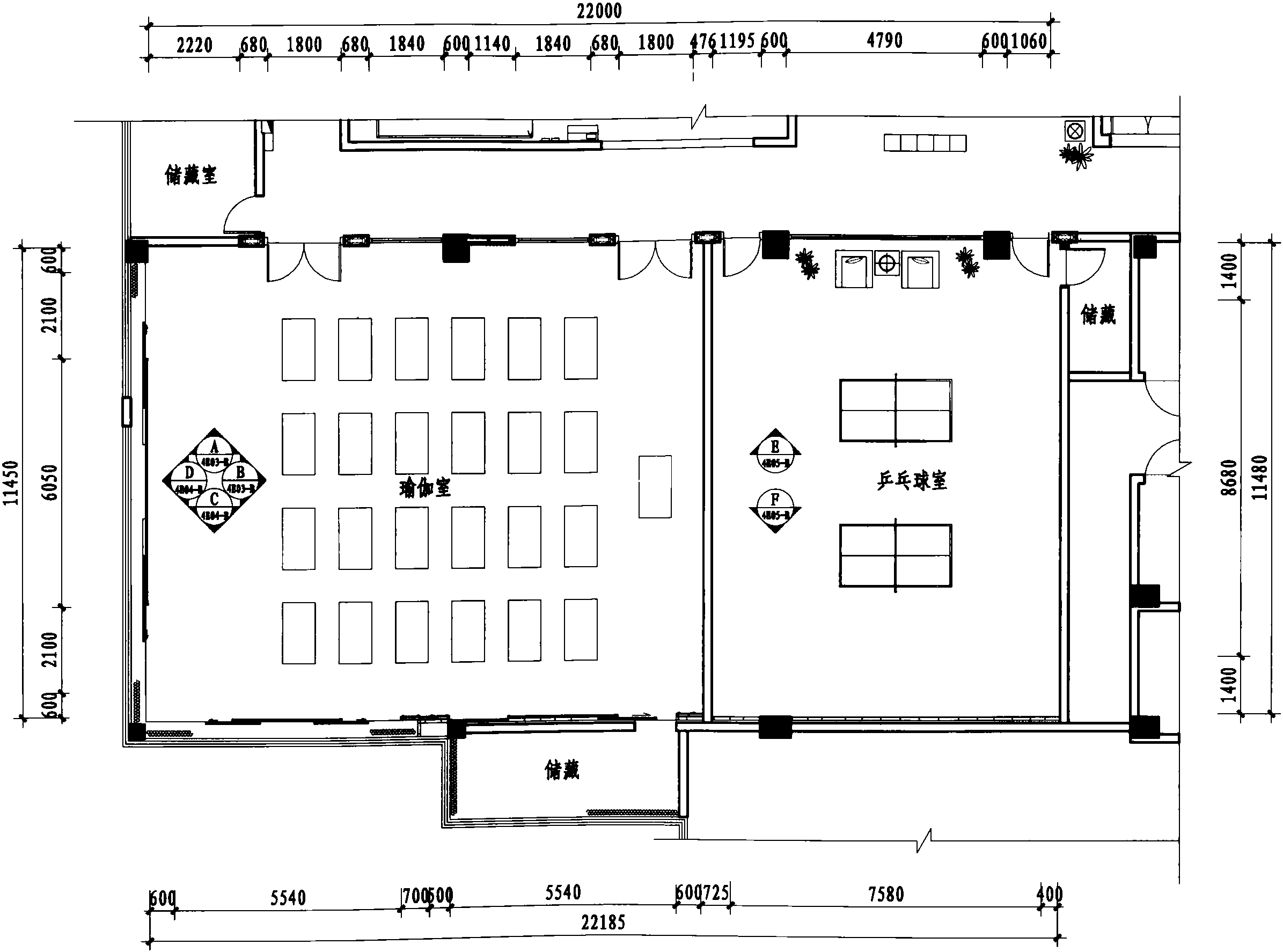 四层乒乓球室、瑜伽室平面布置图 1:150